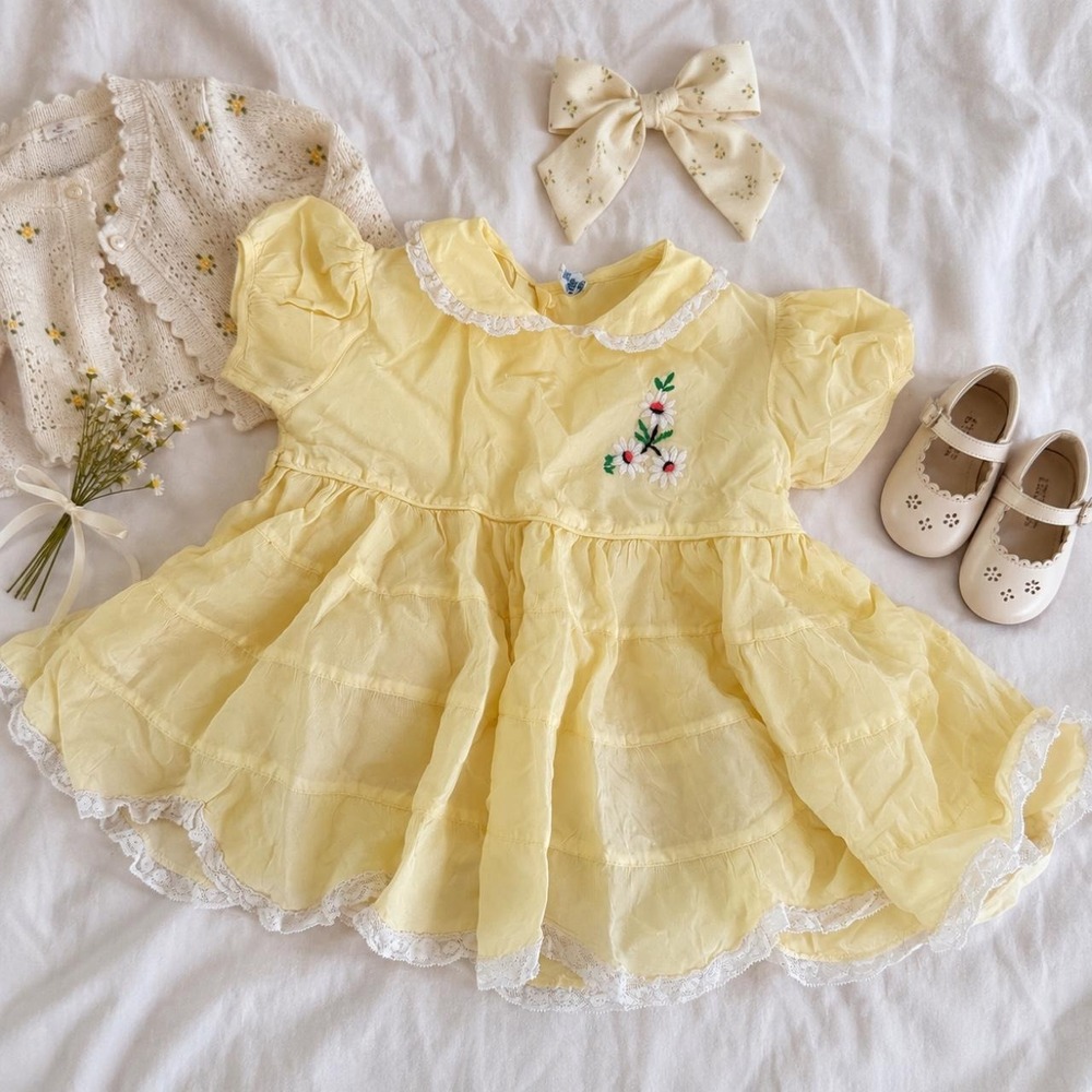 60s Vintage yellow floral embroidered baby dress size 12 month